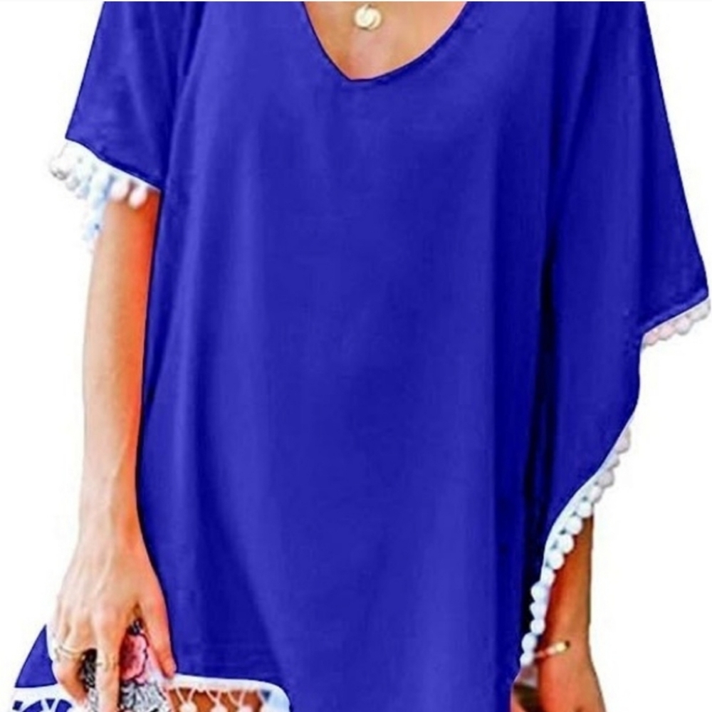 Adreamly Women's Pom‎ Pom Trim Kaftan Chiffon Swimwear Beach Cover Up